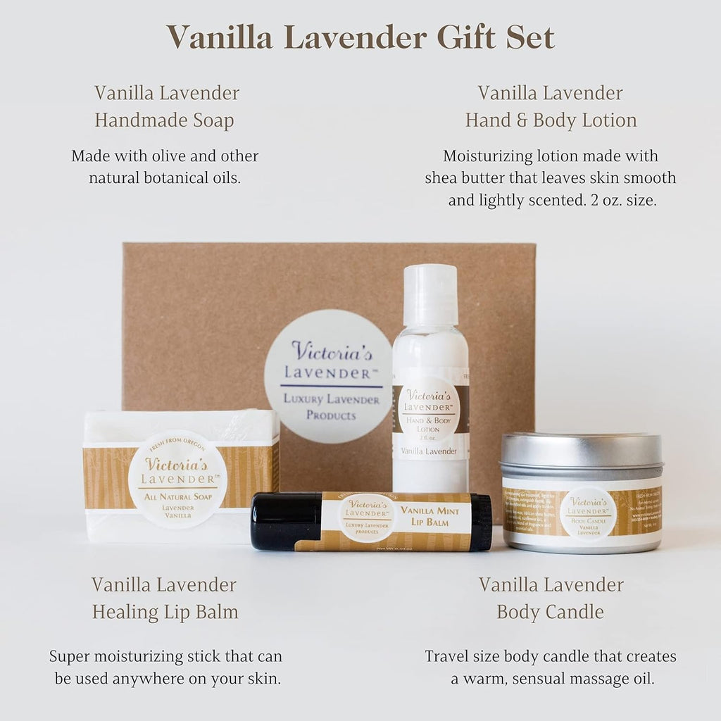 Victoria's Lavender Natural Body Products Gift Set - Handmade Soap, Lotion, Lip Balm, Body Candle Skin Care Sets & Kits, Made in the USA Lavender Bath Products for Women, Vanilla Lavender
