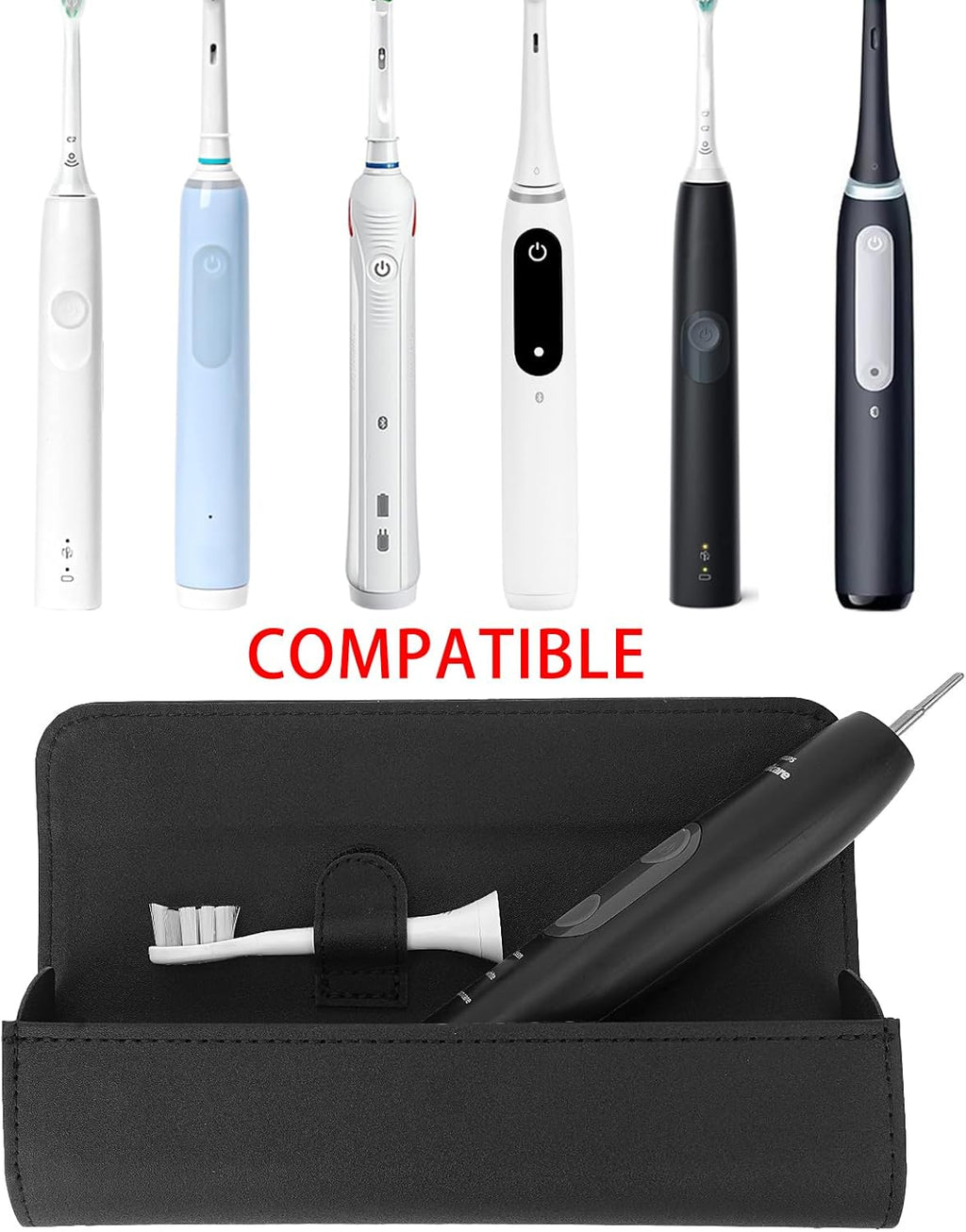 Travel Electric Toothbrush Case, Portable Containers Toothbrush Holder Storage Box, PU Toothbrush Travel Case Compatible with Oral-b Pro 1500 8000, Philips 4100, 5100 6100, 9900 (Black leather 2Pack)