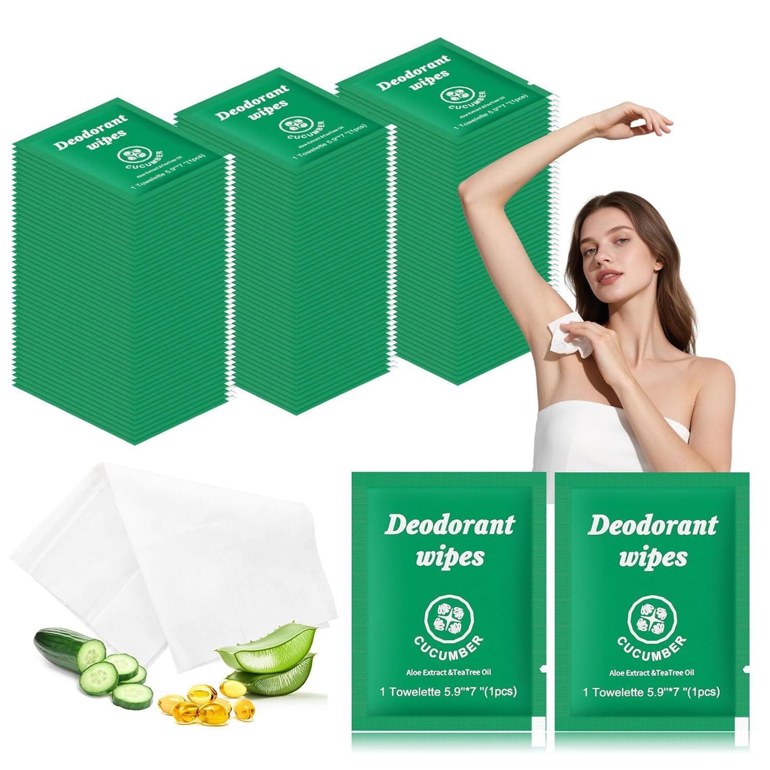 Travel Deodorant Wipes Individually Wrapped,Body Wipes to Clean Skin for Women Men（Cucumber,pack of 50)