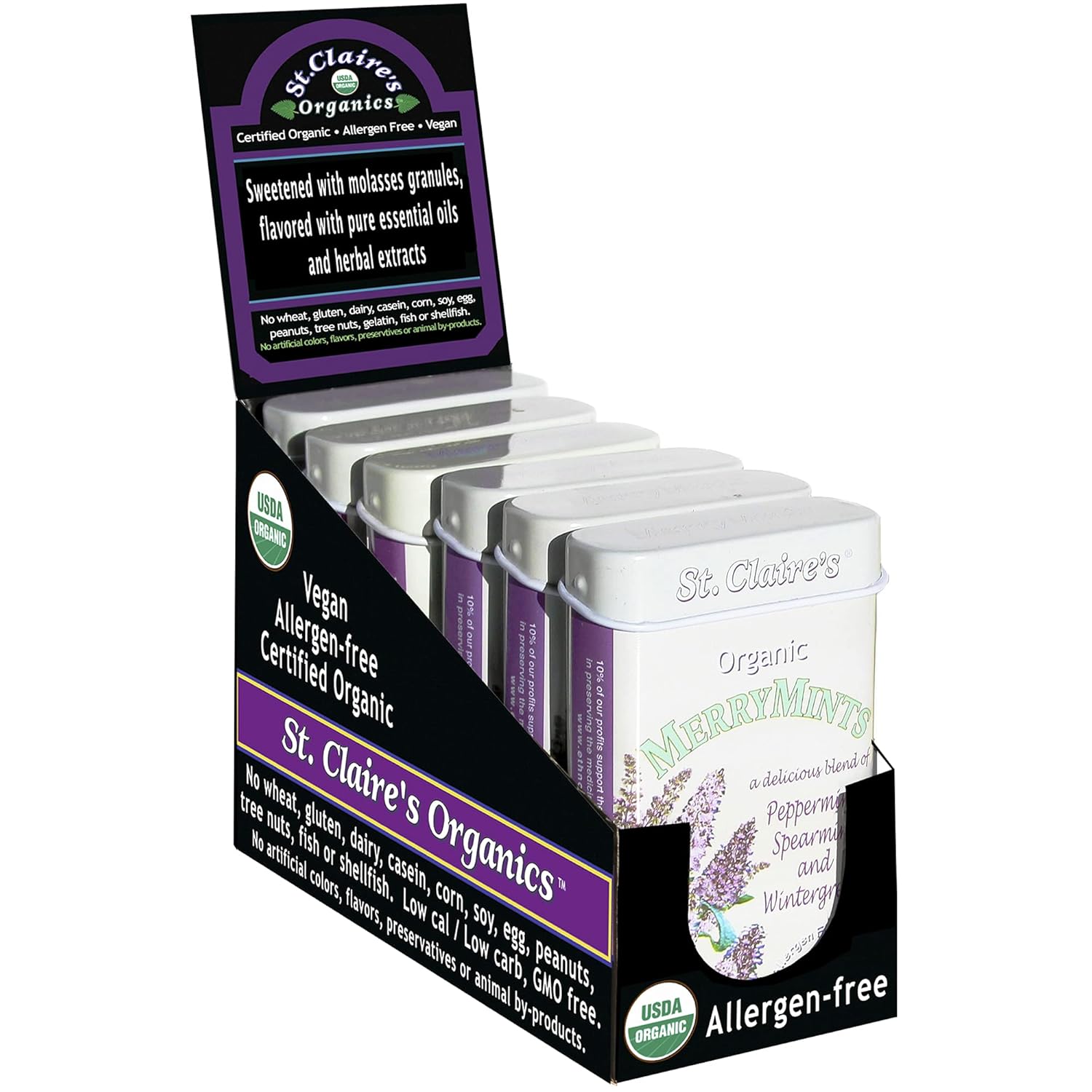 St. Claire's Organic Breath Mints, (MerryMints, 1.5 Ounce Tin, Pack of 6) | Gluten-Free, Vegan, GMO-Free, Plant-based, Allergen-Free | Made in our Allergen-Free facility