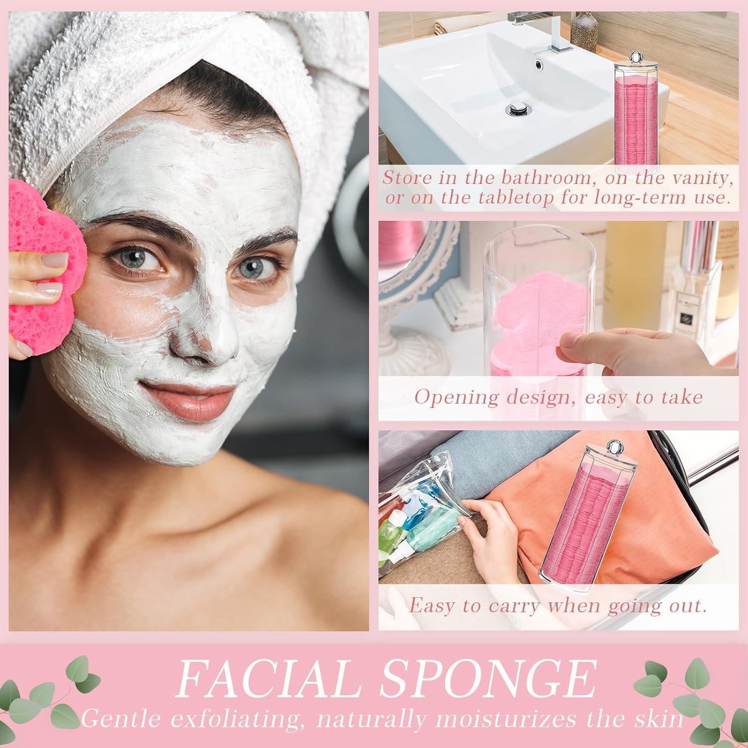 Sieral 120 Pcs Compressed Facial Sponges with Container Disposable Face Sponge Pads for Washing Face Cleansing Exfoliating Esthetician Makeup Removal(Flower,Pink)