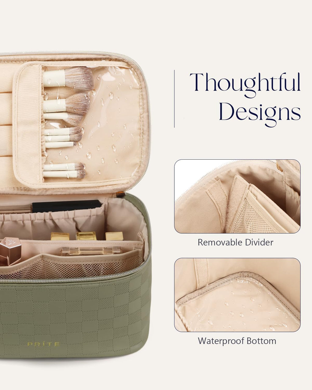 Prite Makeup Bag Portable Cosmetic Organizer with Brush Holder Waterproof Travel Toiletry Bag for Women with Handle and Divider (Checkered Green)