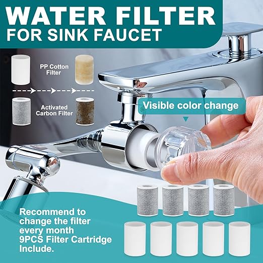 1080º Sink Water Filter Faucet, Splash-proof Sink Faucet Extender with Filter, Reduce 99% Chlorine, 2 Modes Spray Attachment for Home Kitchen & Bathroom, 9PCS Replacement Filter