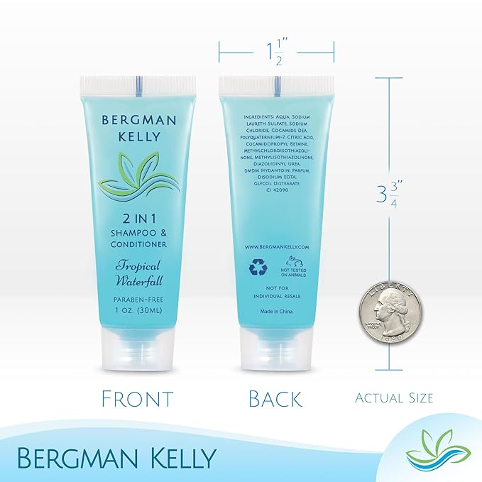 Bergman Kelly - Travel Size 2 in 1 Shampoo & Conditioner - 1 fl oz, 200 PK, Tropical Waterfall - Delight Your Guests w/Invigorating & Refreshing Shampoo Amenities - Small Hotel Toiletries in Bulk