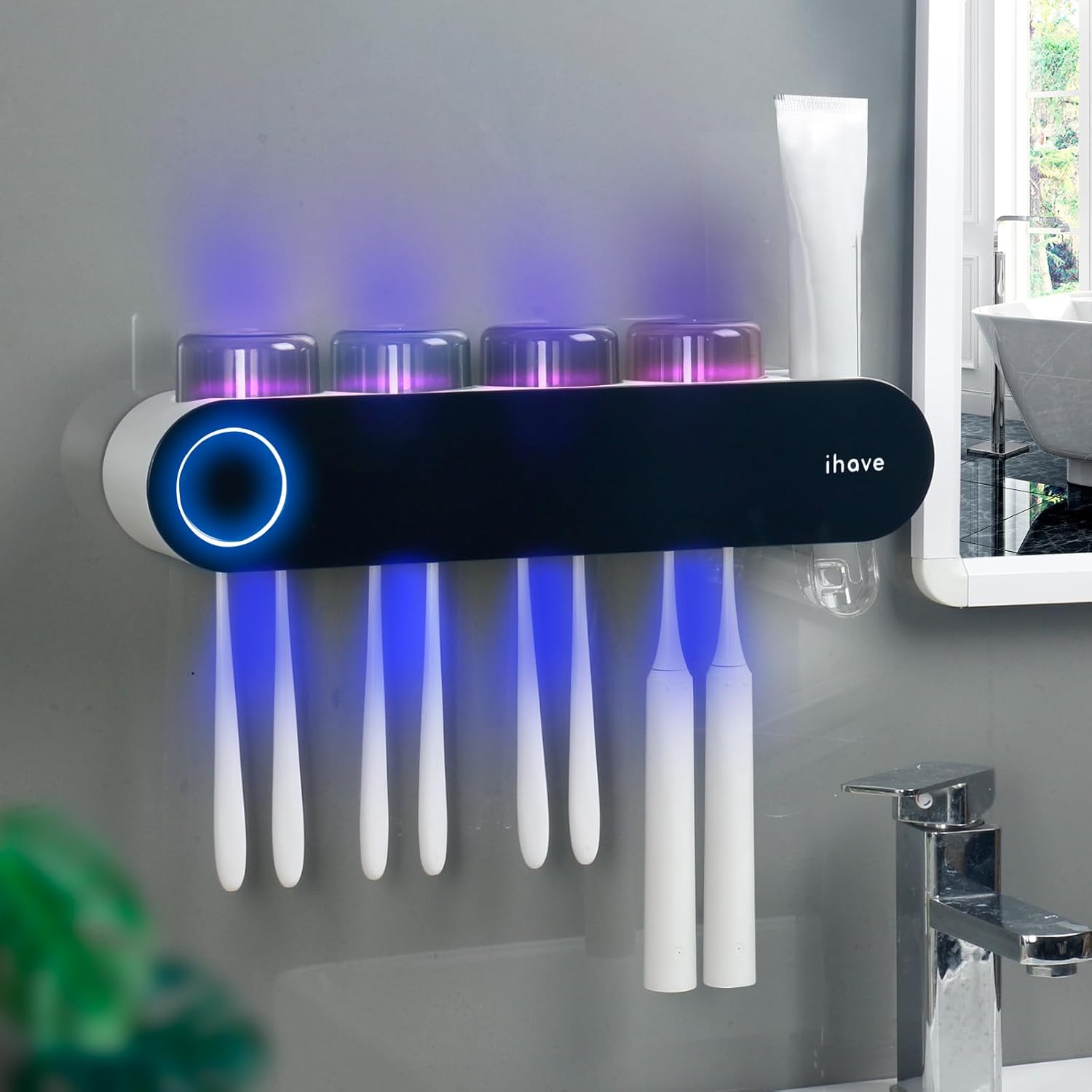 iHave Toothbrush Holders for Bathrooms, UV Toothbrush Sanitizer and Holder Smart Home Bathroom Accessories, 4 Cups Electric Toothbrush Holder Wall Mounted with Toothpaste Dispenser Bathroom Decor