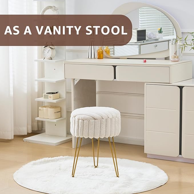 Wimarsbon Vanity Stool with Storage, Faux Fur Ottoman Chair with Metal Legs, Round Makeup Vanity Chair for Bedroom or Dressing Table, Modern Small Ottoman Seat (Light Grey)