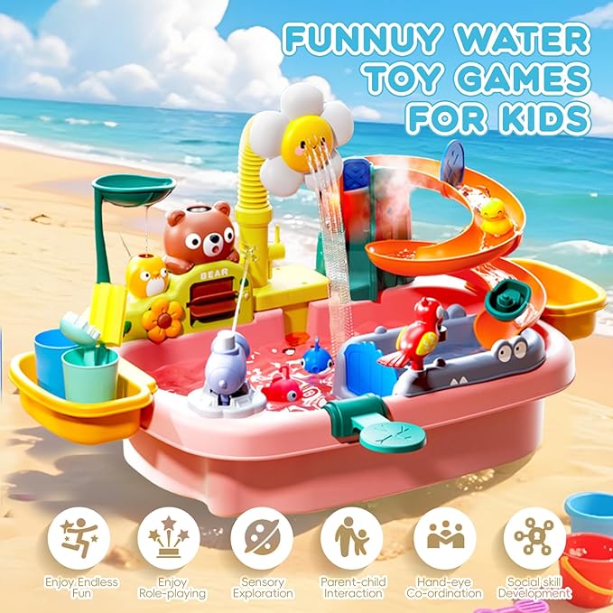 2026 Upgraded Toddler Sand Water Table Toy with Electric Water Pump, Kids Sand Water with Faucet/Play Food Accessories/Fishing Toy, Kitchen Play Sink Toys for Girl Boy Age 3+ (Pink)