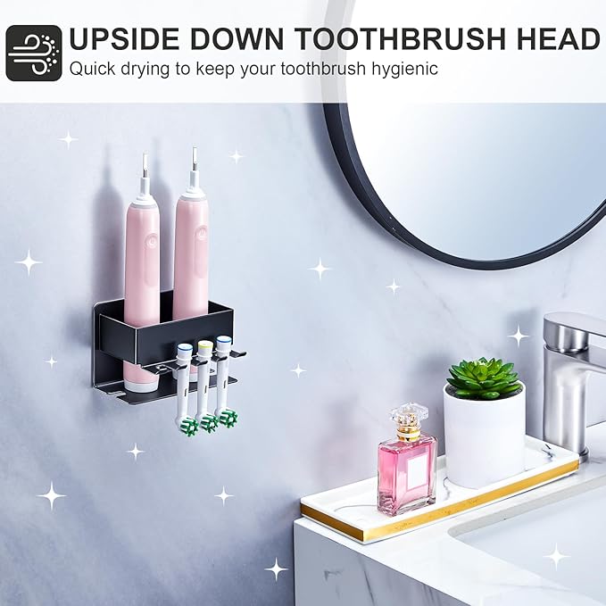 Toothbrush Head Holders, Electric Tooth Brush Head Holder, Adhesive Toothpaste Holder for Shower Bathrooms, Wall Mounted Tooth Brushing Holder Organizer Storage (Black, Small)