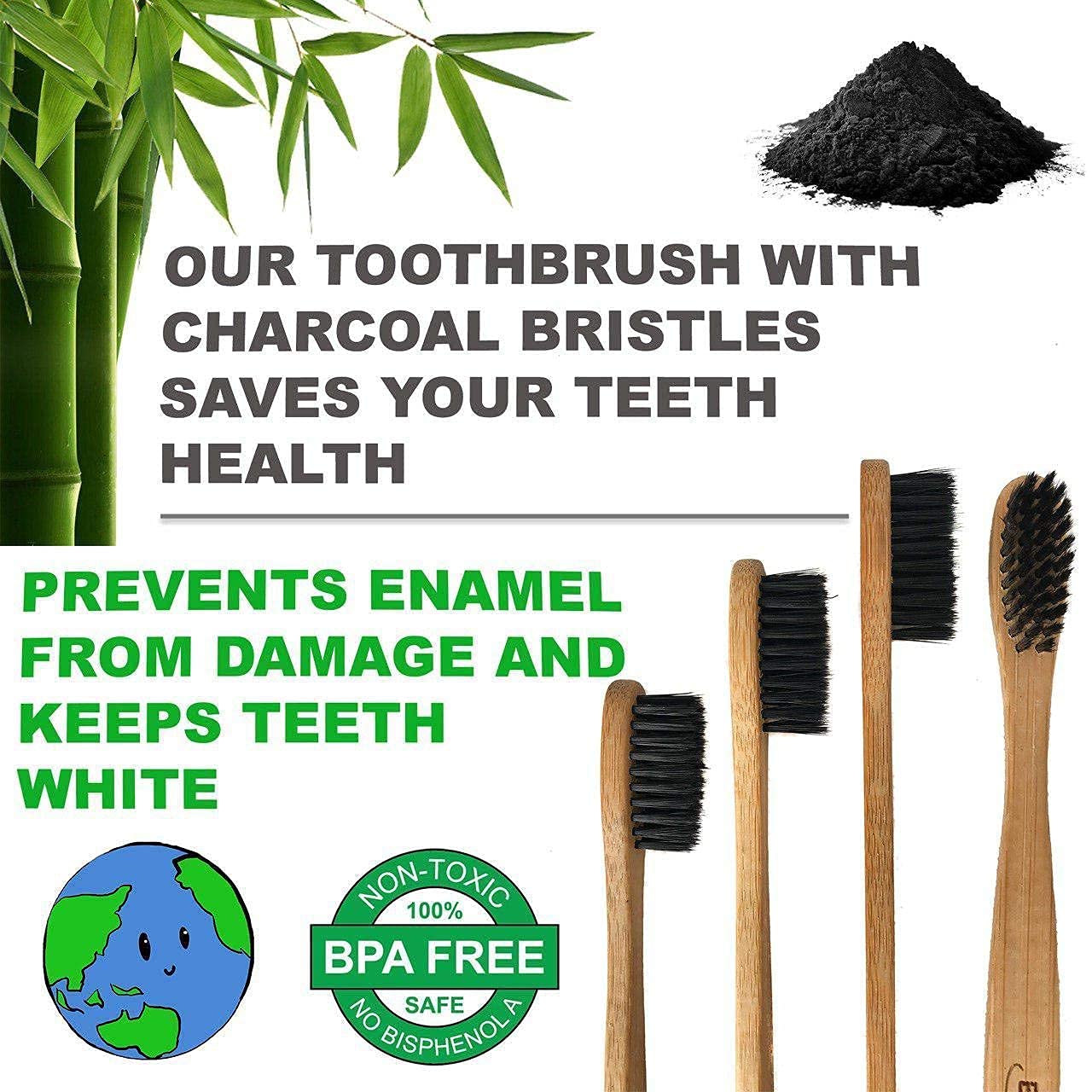 4 Count I Bamboo Toothbrush I Soft Bristles Best for Sensitive Gums I Charcoal I Vegan I Natural Wood I BPA Fee I Recyclable I Compostable I Biodegradable | Environmentally Friendly