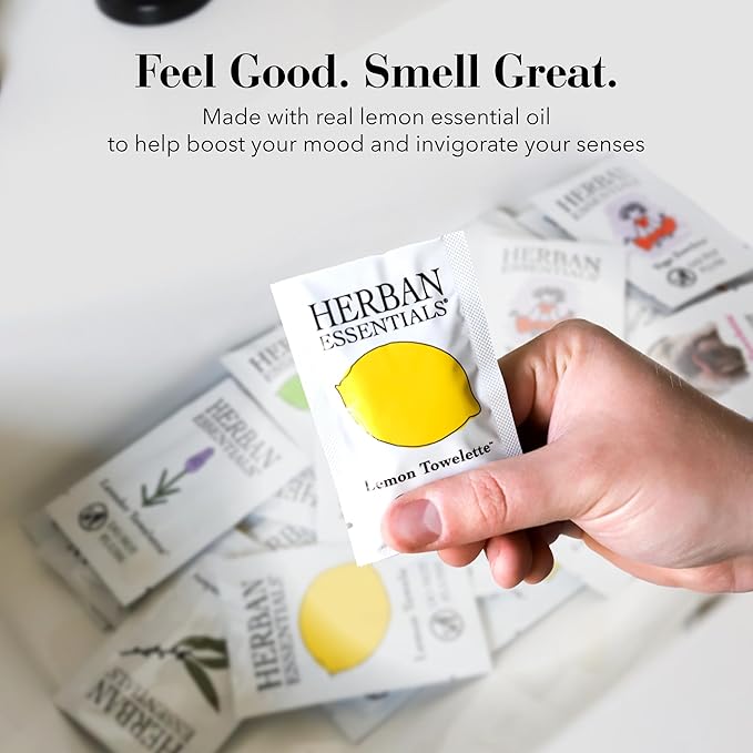 Herban Essentials - Lemon Wipes & Towelettes - Essential Oil Wipes for Make Up, Hands, Face & Body - Travel Size Essentials & Toiletries - Natural, Individually Wrapped, Disposable & Moist (20 count)