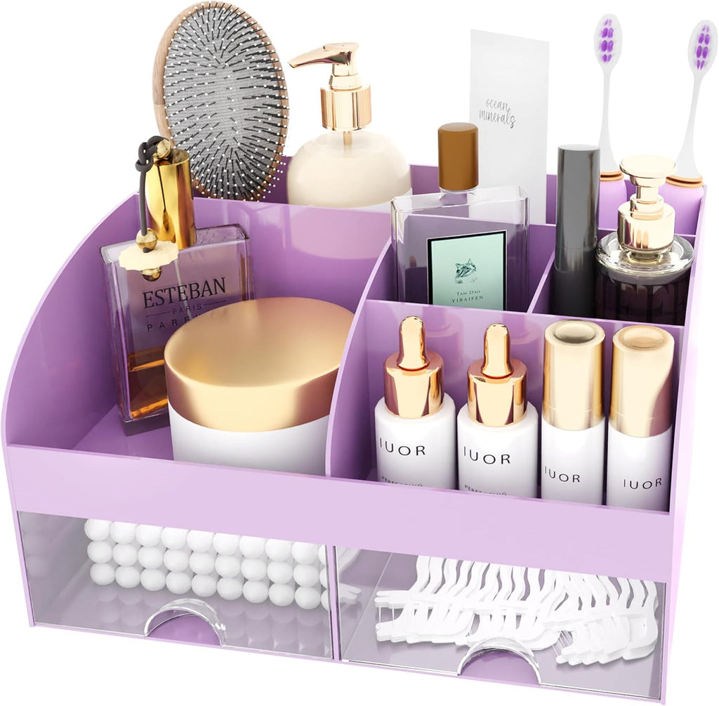 Makeup Organizer with Drawers, Cosmetic Storage for Dresser Vanity and Bathroom Countertop, Beauty Holder for Lipstick Brush, Skincare Organizer for Vanity, Cosmetic Display Case (Purple)