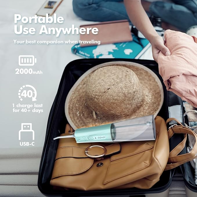 Water Flosser Teeth Pick: 5 Modes Cordless Water Dental Floss 300ML Portable Rechargeable IPX7 Waterproof Electric Water Flossing Cleaning Picks with 6 Jet Tips Oral Irrigator, Mint Green