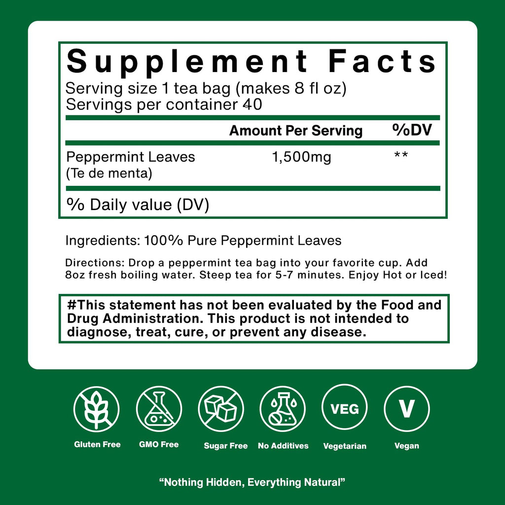 Natured Wellness Peppermint Tea Bags (Te De Menta) – Herbal Tea to Support Digestive Health, Sleep, and Relaxation – with Pure Peppermint Leaves – Non-GMO, Caffeine-free – 40 Teabags