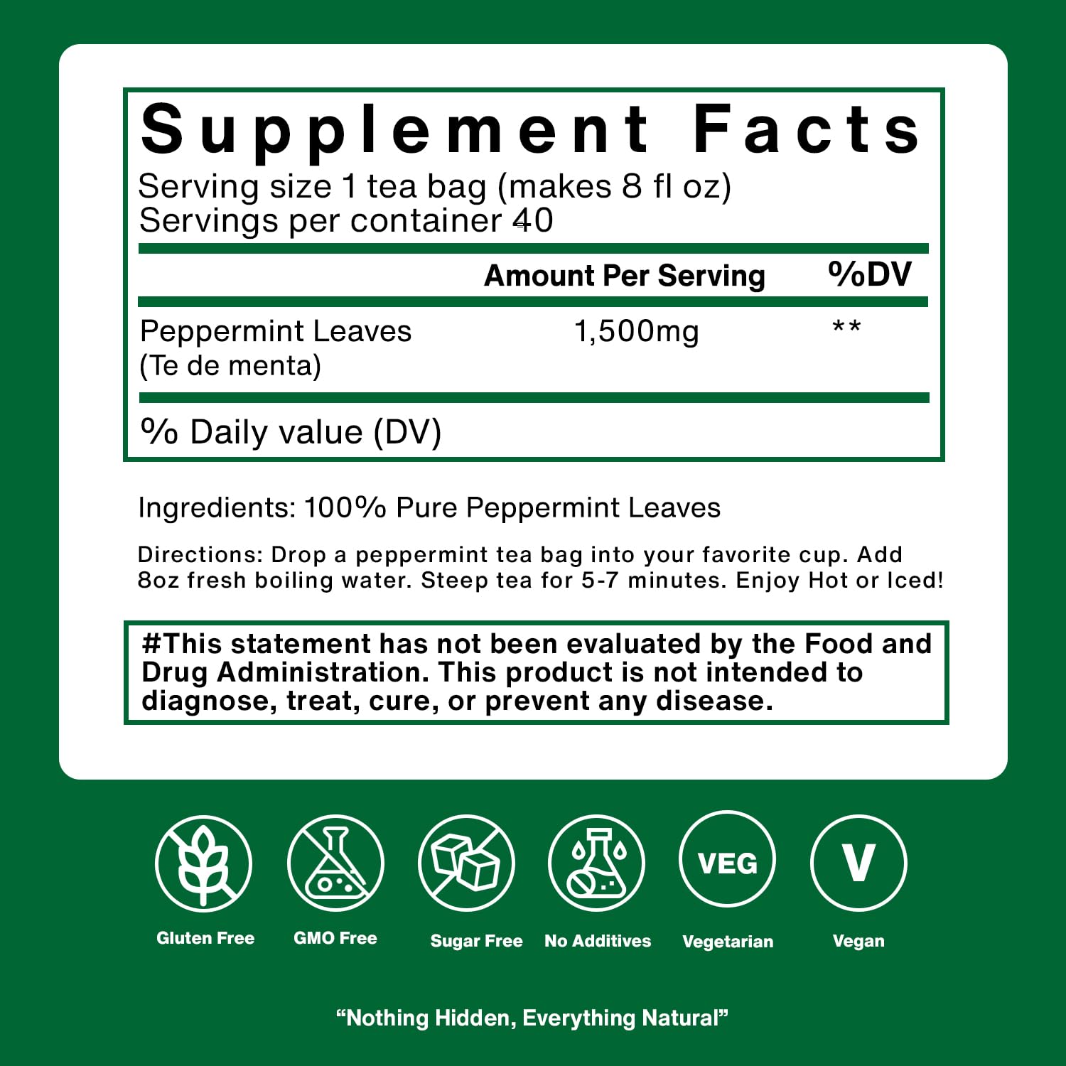 Natured Wellness Peppermint Tea Bags (Te De Menta) – Herbal Tea to Support Digestive Health, Sleep, and Relaxation – with Pure Peppermint Leaves – Non-GMO, Caffeine-free – 40 Teabags