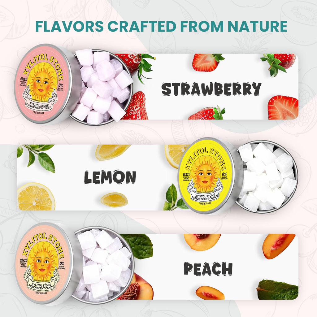 Xylitol Stone Sugar Free Candy - Vegan & Keto Friendly Unique Hard Candy - 100% Natural Flavor Candies - Gluten Free & Non-GMO Breath Freshener Low Calorie Mints - Pack of 3 (Peach, Strawberry, Lemon)