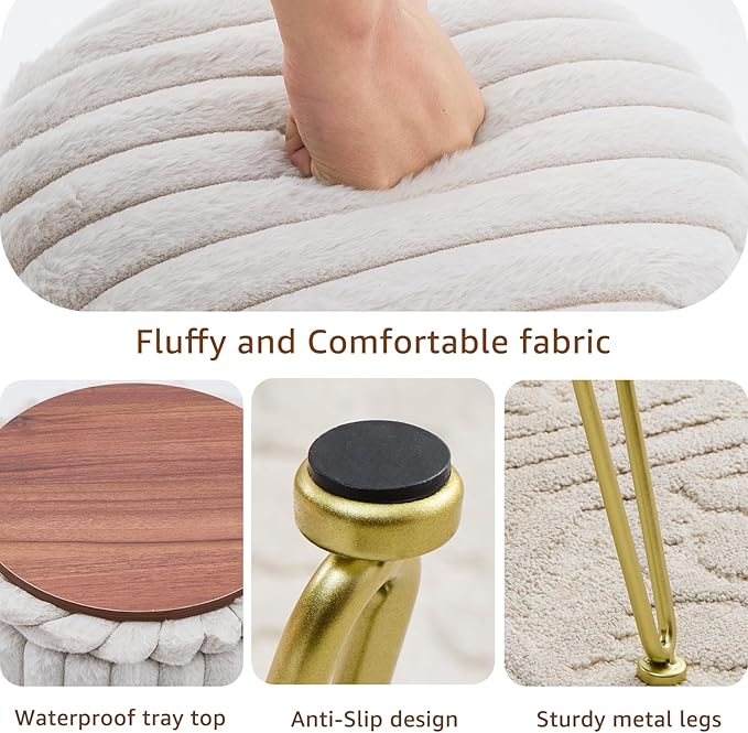 Wimarsbon Vanity Stool with Storage, Faux Fur Ottoman Chair with Metal Legs, Round Makeup Vanity Chair for Bedroom or Dressing Table, Modern Small Ottoman Seat (Light Grey)
