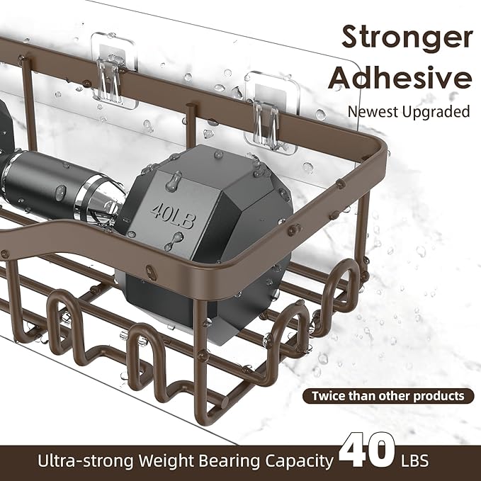 Shower Caddy Adhesive Shower Organizer 7-Pack, Rustproof Stainless Steel Bathroom Shelves, Large Capacity No-Drill Rack Storage Accessories with Soap Dish Toothbrush Holder Hooks (Brown)