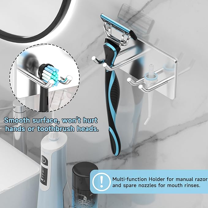 Toothbrush Holder Wall Mounted, Electric Toothbrush Head Holder SUS304 Stainless Steel Toothbrush Holders for Bathroom, Kids Tooth Brushing Holder Self Adhesive Toothbrush Organizer, Shower Hooks