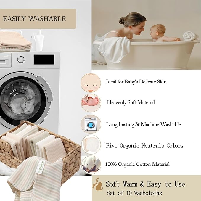 10-Pack Organic Baby Washcloths - Ultra Soft Organic Cotton Reusable Towels, Gentle for Newborn Sensitive Skin, Perfect for Baby Towels, Feeding & Travel Care (Multicolor)