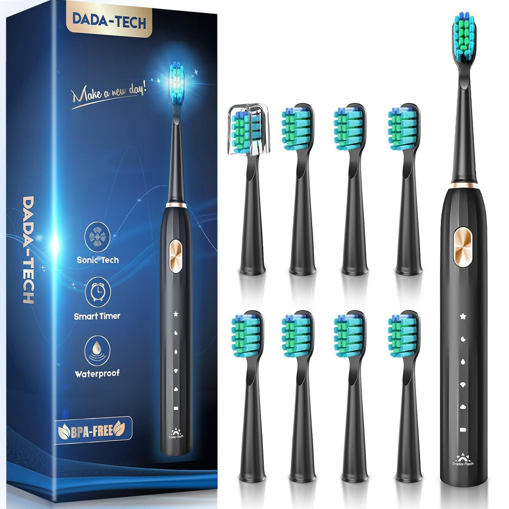 DADA-TECH Ultrasonic Toothbrush for Adults Sonic Toothbrush, 9 Brush Heads, 5 Cleaning Modes, 4-Hour Charge Lasts 60 Days Electric Toothbrush (Black)