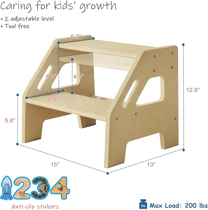 2 Step Stool for Toddlers Bathroom Sink, Kids Step Stool for Toilet Potty Training, Baby Child Toddler Stepping Ladder with Handles for Kitchen Counter Bedroom Nursery Bed (Natural Wood)