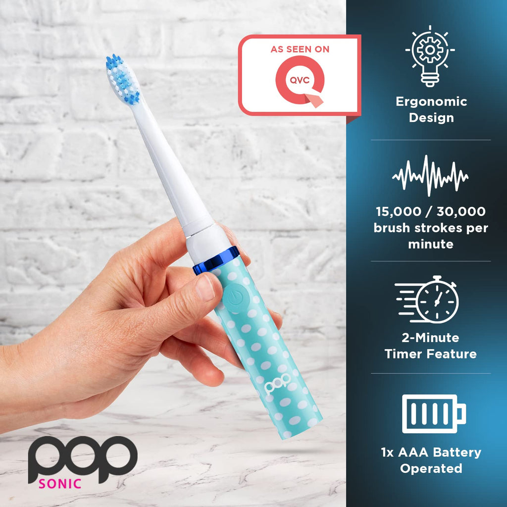 Pop Sonic Electric Toothbrush (Blue Dots) - Travel Toothbrushes w/AAA Battery | Kids Electric Toothbrushes with 2 Speed & 15,000-30,000 Strokes/Minute, Dupont Nylon Bristles