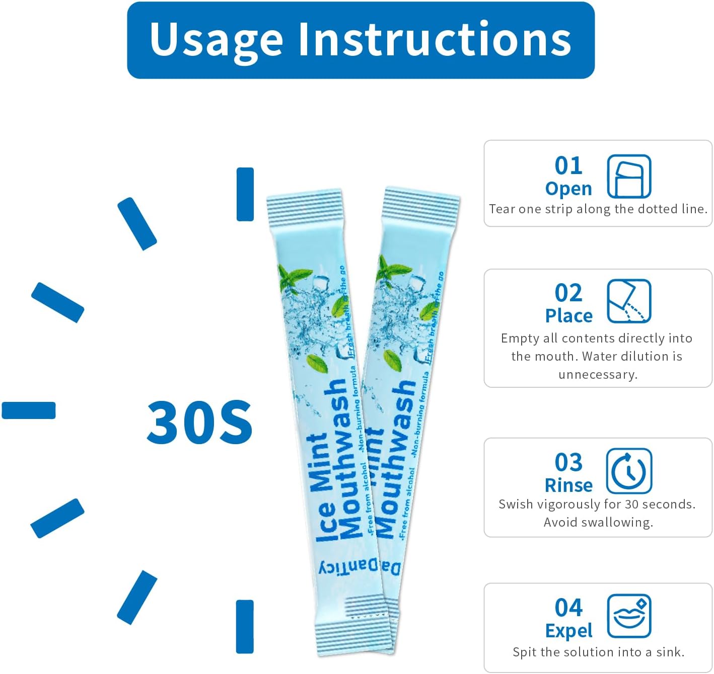 Mouthwash Travel Size, Alcohol-Free Mouthwash, Portable, Fresh Breath, Mini Packets, 30 Count, Ice Mint