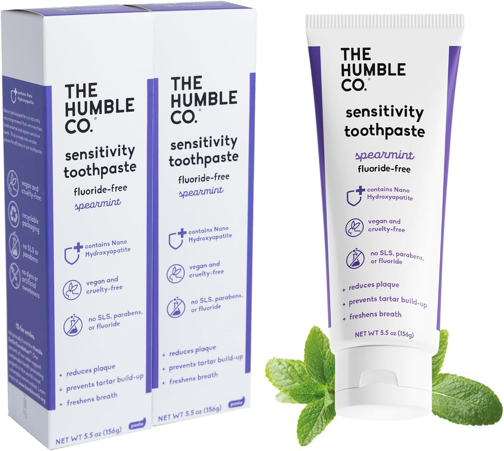 Humble Co. Sensitive Spearmint Fluoride Free Toothpaste for Fresh Breath and Plaque Removal, Vegan Cruelty Free, Non-Toxic SLS Free (5.5 oz, 2pk)