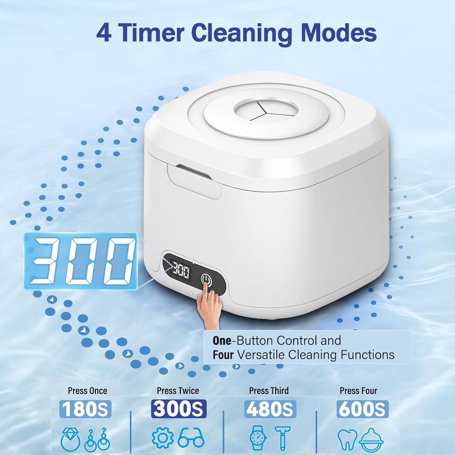 Ultrasonic Retainer Cleaner with UV, 300ML, 49kHz, Dental Cleaning Pod for Dentures, Aligners, Night Guards, Braces, Toothbrush Heads, Jewelry, Mouth Guard, 4 Modes with Digital Timer