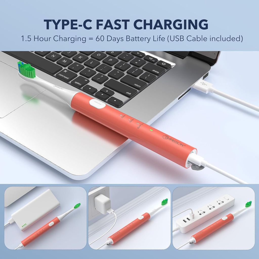 ARISSON Sonic Electric Toothbrush for Adults and Kids, 40,000 VPM Power Toothbrush, 1.5H Fast Charge Ultrasonic Electric Toothbrushes with 2 Minutes Smart Timer, White on Peach Orange