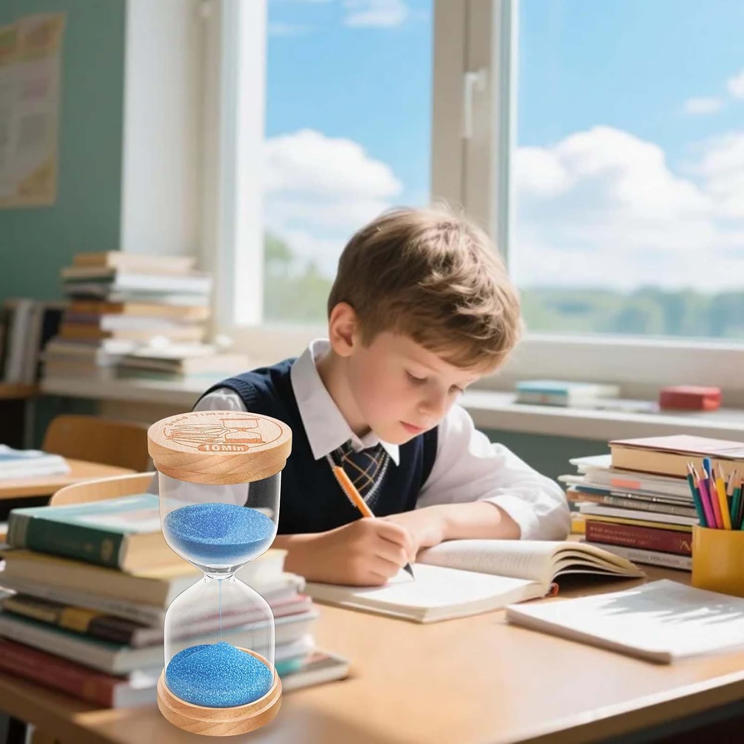 1 Minute Sand Timer, Wooden Hourglass Sand Clock, Small Beech Wood Blue 1 Min Hour Glass, One Minutes Sandglass for Brushing Teeth, Reloj De Arena, Classroom, Game, Kitchen, Home, Office