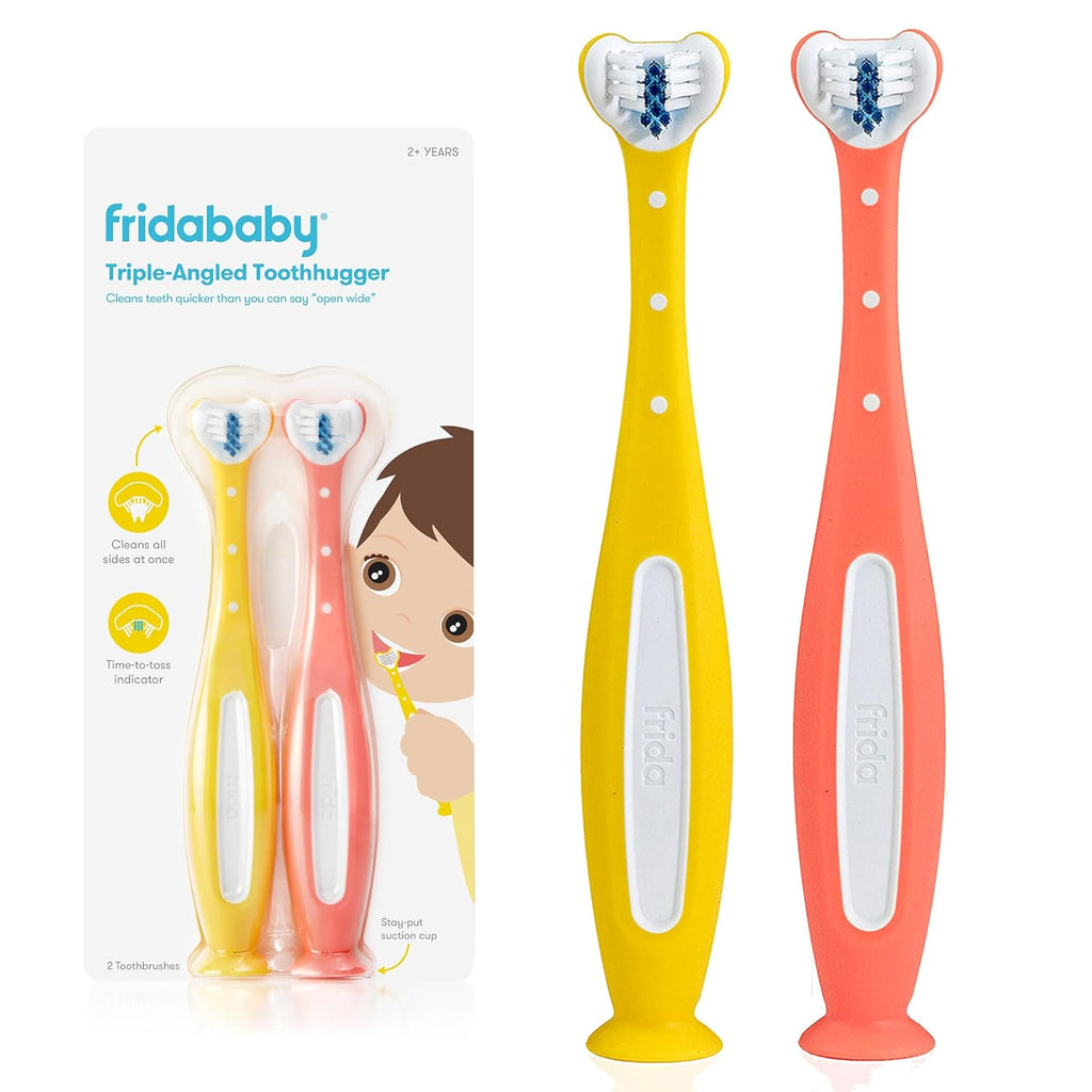 Frida Baby Triple-Angle Toothhugger Training Toddler Toothbrush | Toddler Toothbrush 2 Years and Up, Cleans All Sides at Once | 2 Pack (Yellow + Pink)