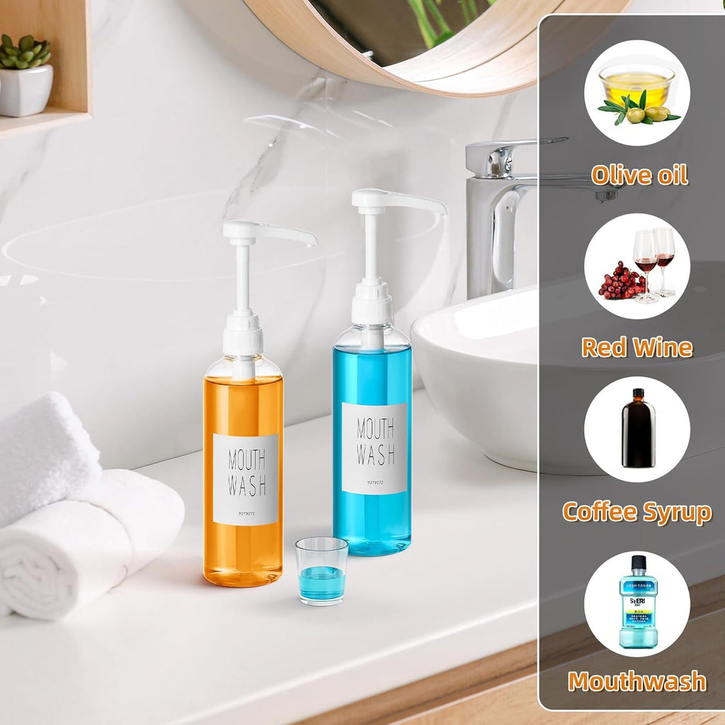 VITVITI Plastic Mouthwash Dispenser for Bathroom, 17 OZ Pump Mouth Wash Container Bottle with Cup, Clear Refillable Mouthwash Dispenser with Labels, Set of 2