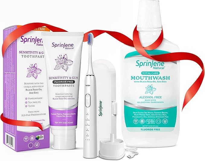 SprinJene Natural Sensitivity & Gum, Fluoride Free Toothpaste for Sensitive Teeth & Gum (1 Pack) + Fluoride Free & Alcohol Free Mouthwash + Electric Toothbrush with 2 Replacement Heads