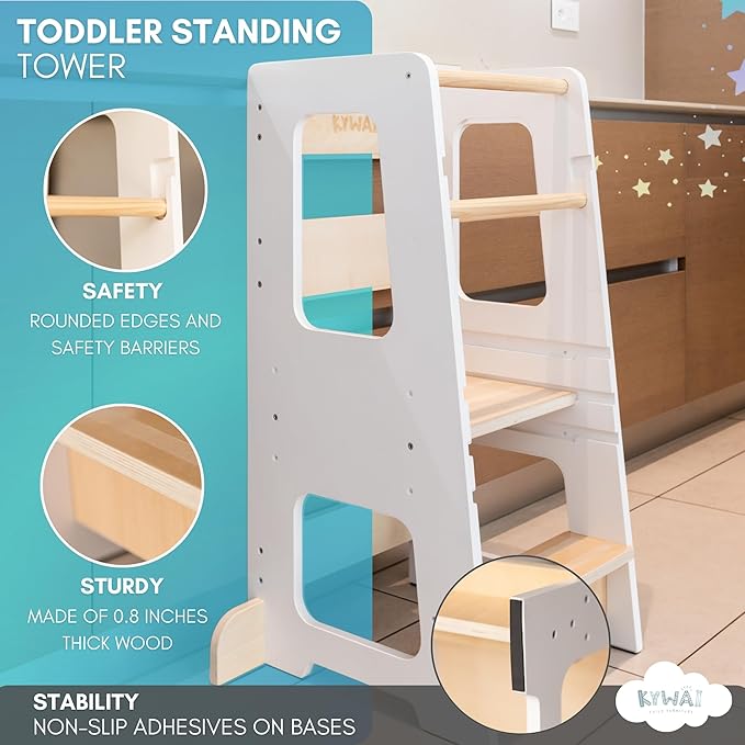 KYWAI® Toddler Kitchen Stool Helper, Adjustable Standing Tower with Safety Rails, Anti-Tip Design & Non-Slip Stickers, Sustainable Product with Extra Memory Game Made from Leftover Wood (White)