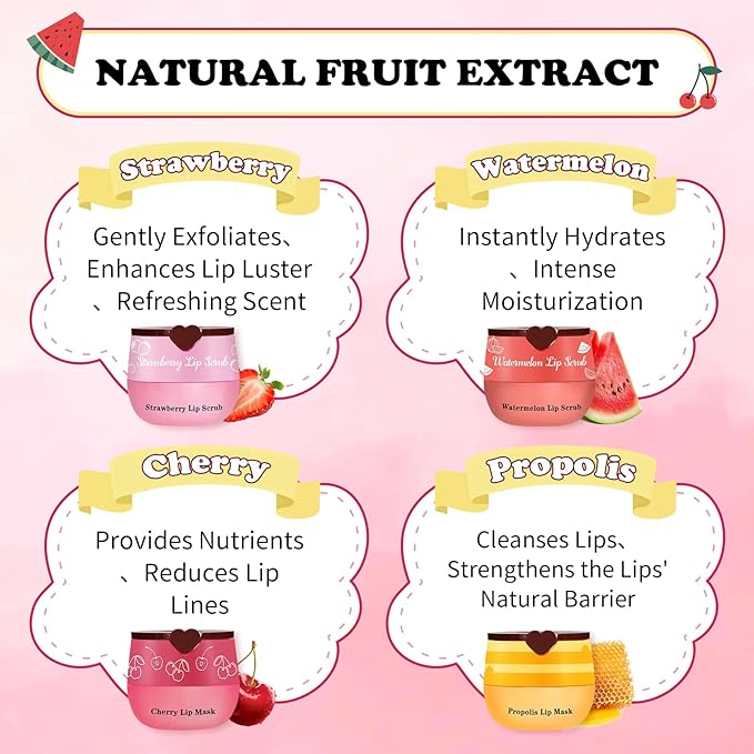 4PCS Lip Scrub and Mask Set,Cherry and Honey Pot Lip Balm,Strawberry and Watermelon Lip Exfoliator Scrub and Moisturizer,Repair Lips Sleeping Mask,Reduce Fine Lines Lips Care Set