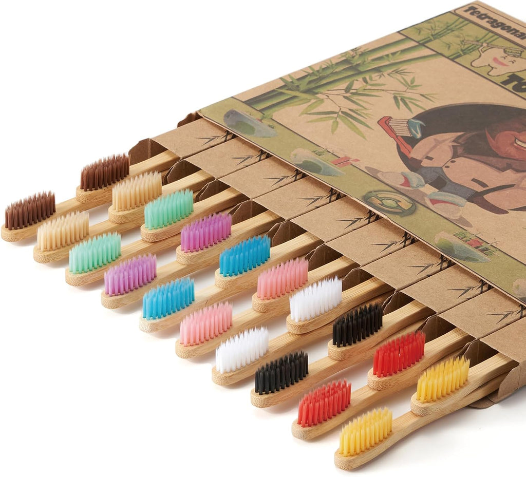 20 Count Bamboo Toothbrushes - BPA Free Soft Bristles Natural Toothbrush Set - Biodegradable & Compostable Eco-Friendly Wooden Toothbrush, Multicolor