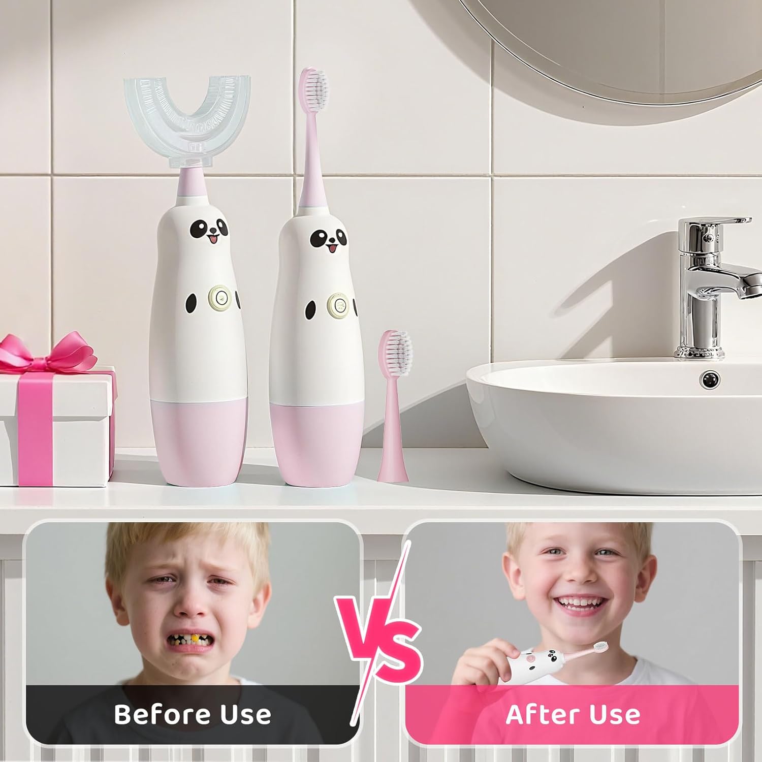 Kids U-Shaped Electric Toothbrush with 2 Brush Heads, Toddlers Sonic with 360 Degree Cleaning, Soft Bristles, Battery Included, IPX7 Waterproof, Cute cartoon for Girls and Boys, Ages 8-13 (Pink)