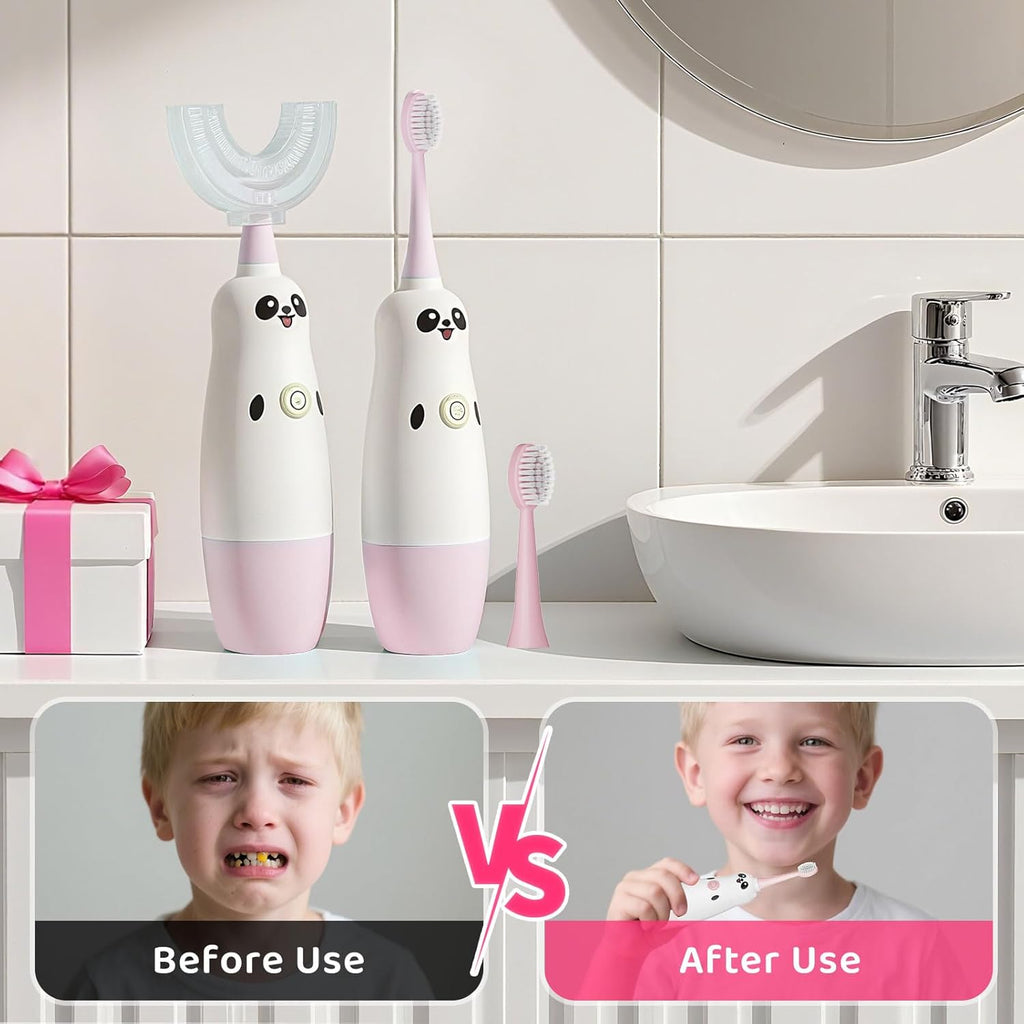 Kids U-Shaped Electric Toothbrush with 2 Brush Heads, Toddlers Sonic with 360 Degree Cleaning, Soft Bristles, Battery Included, IPX7 Waterproof, Cute cartoon for Girls and Boys, Ages 2-7 (Pink)