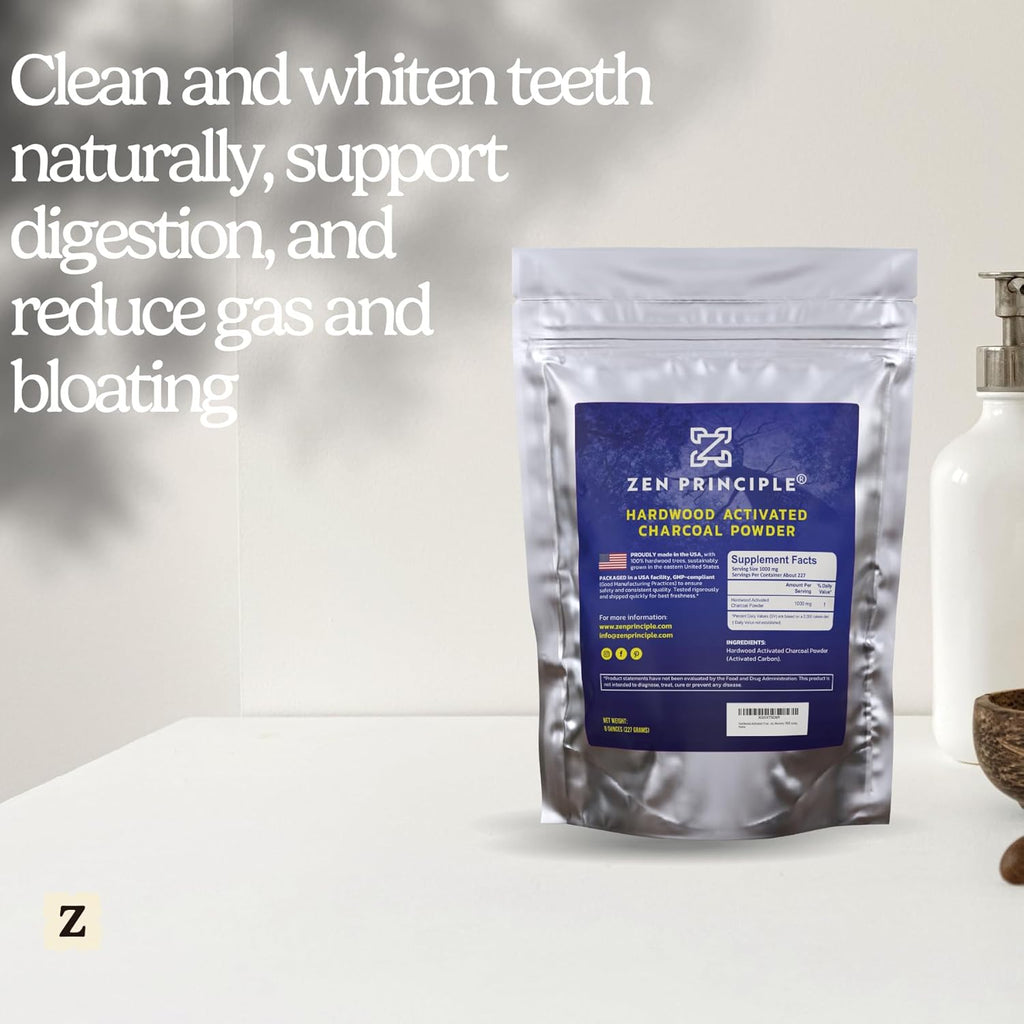 Zen Principle Hardwood Activated Charcoal Powder 100 Percent from USA Trees. All Natural. Whitens Teeth, Rejuvenates Skin and Hair, Supports Better Digestion, 40 Oz