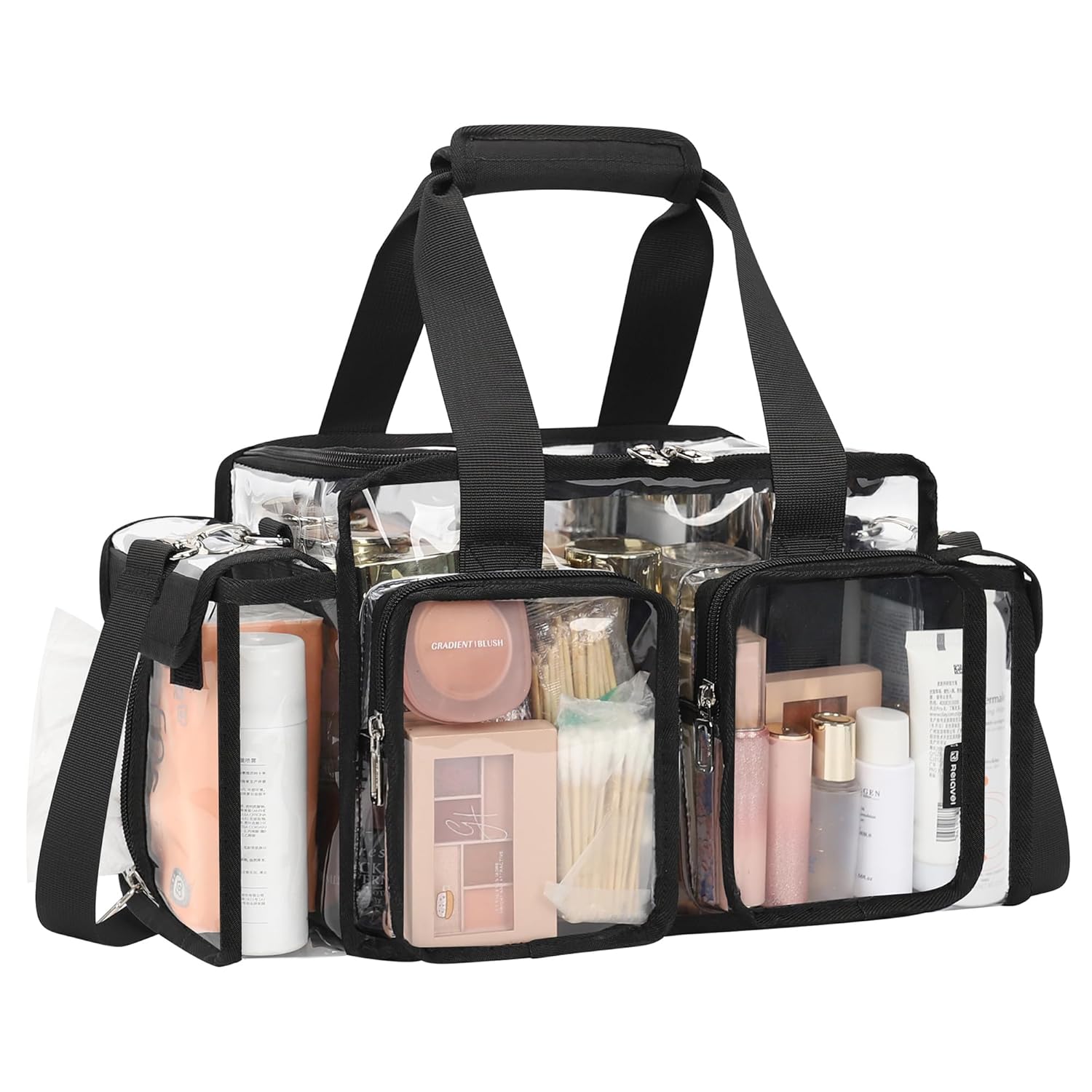 Relavel Clear Makeup Bag Professional Makeup Artist Kit Set Travel Cosmetic Organizer Case Transparent Stadium Approved Tote Bag Toiletry Lunch Duffle Work Shoulder Bag with Adjustable Dividers, Black
