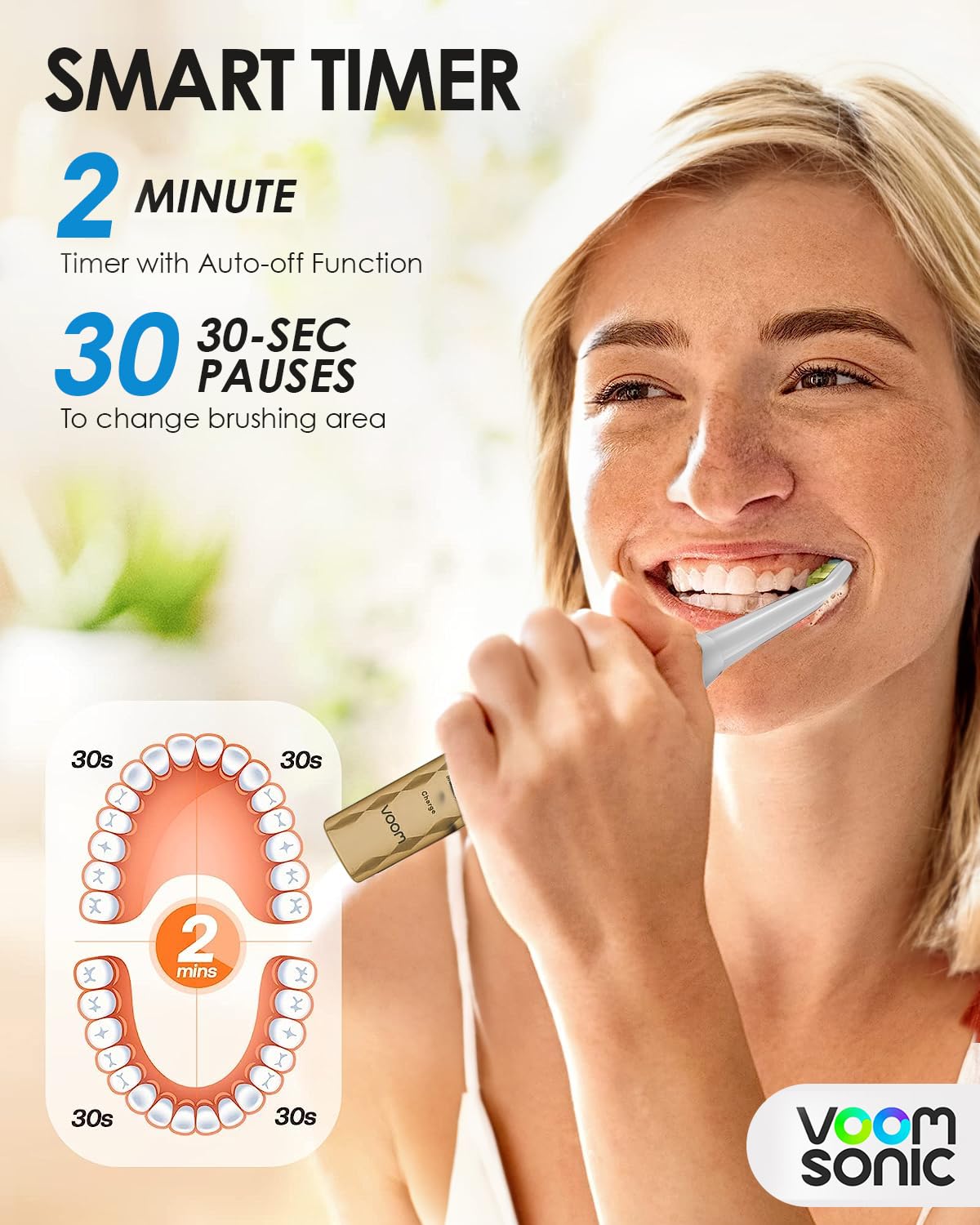 Voom Sonic Pro 3 Rechargeable Electric Toothbrush with Soft Dupont Nylon Bristles Dentist Recommended Portable Oral Care 2-Minute Timer 3 Adjustable Speeds Light Weight Design - Gold