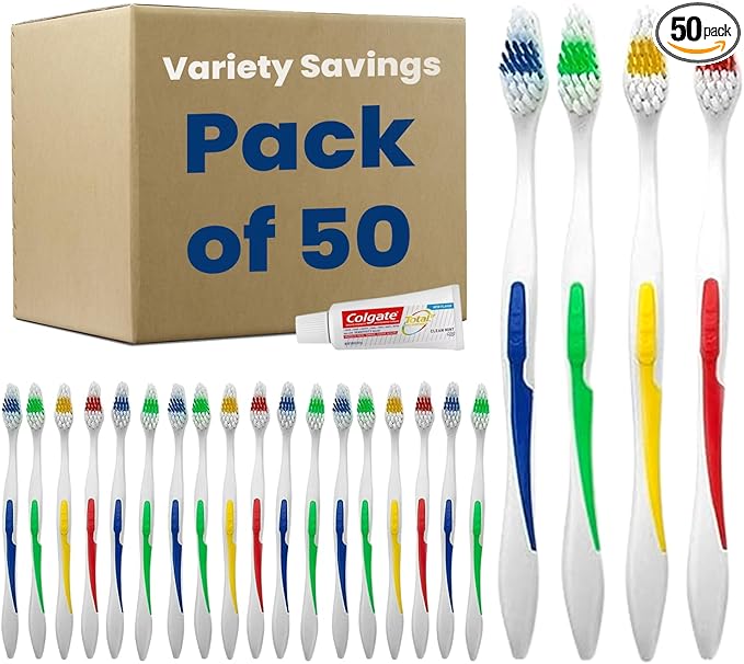 50 Toothbrushes Bulk Wholesale Quantity Standard Size, Dental Care Toiletries, Medium Soft Bristles, Individually Wrapped, Homeless Care, Disposable Use, Hotels, Travel,