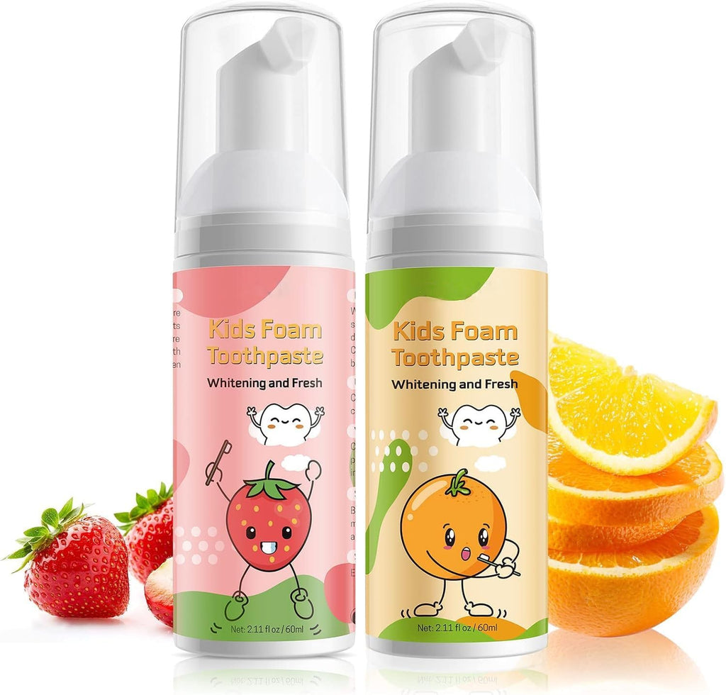 Foam Toothpaste Kids,Toddler Toothpaste with Low Fluoride & Natural Formula to Reduce Plaque, Kids Toothpaste for U Shaped Toothbrush for Children Ages 3 Plus (120 ML, Orange & Strawberry)