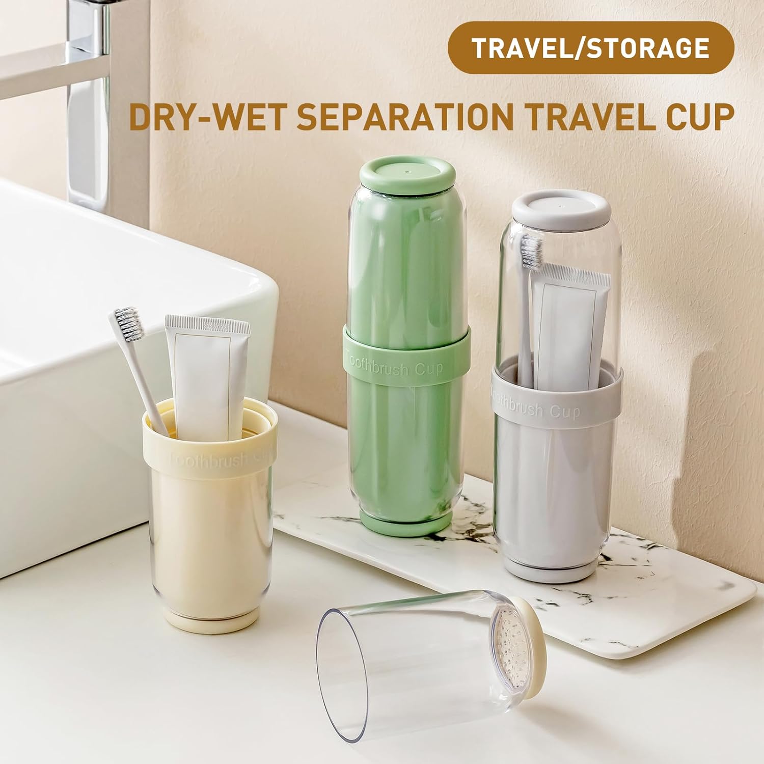 Toothbrush Cup with Cover, Travel Toothbrush Case Portable Toothbrush Holder for Traveling Business Camping School Bathroom (Beige)