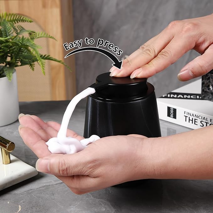 12Oz Foaming Hand Soap Dispenser - Ceramic Bathroom Foam Soap Dispenser with Easy-to-Press Black Pump, Refillable Lotion Hand Soap Dispenser, Dish Soap Dispenser for Kitchen, Marble Black