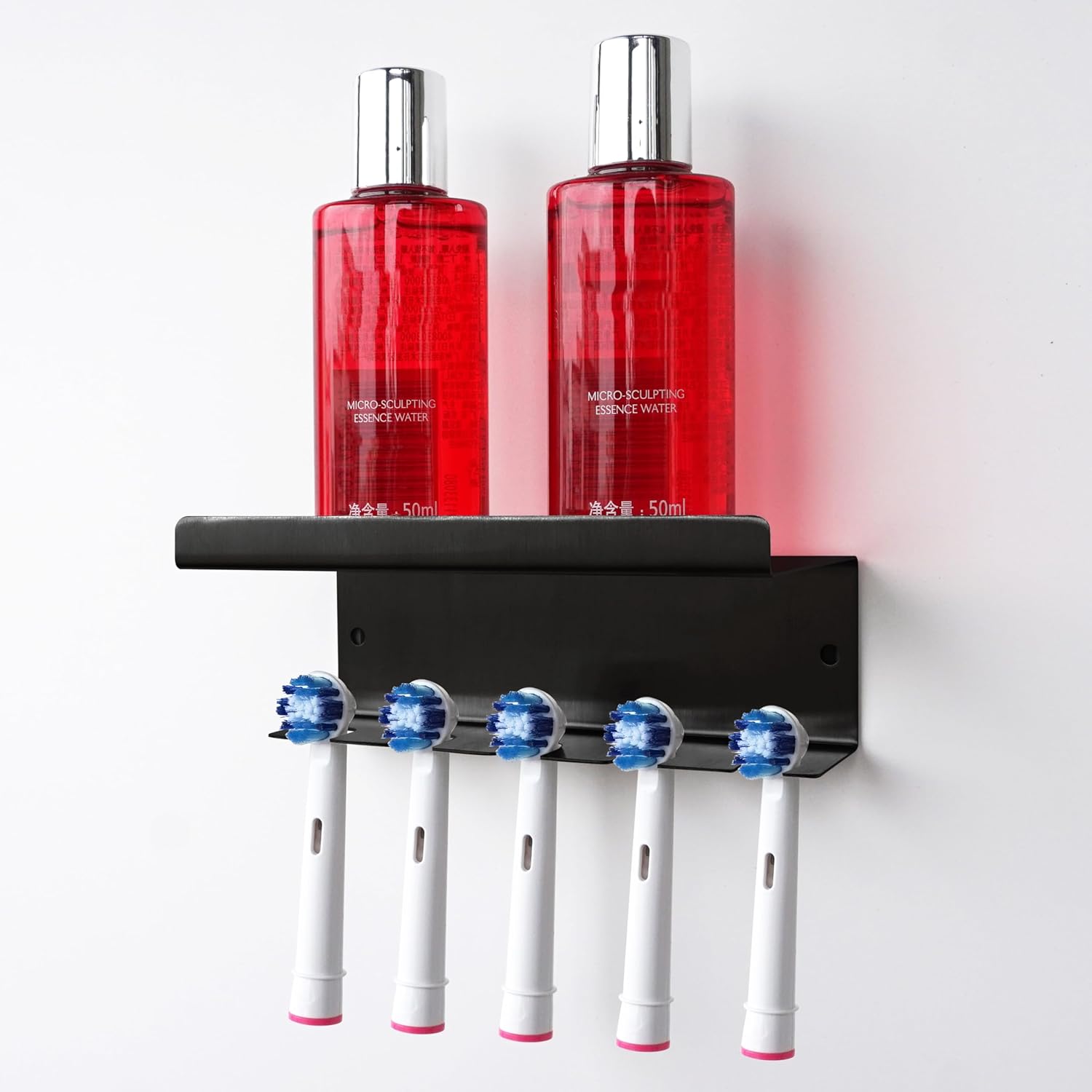 Stainless Steel Toothbrush Holder Wall Mounted - No Drill Bathroom Organizer with 3M Adhesive & Screws, 5-Slot Razor & Electric Toothbrush Holder, Rustproof for Wet Spaces (Black, 18/8 304 Grade)