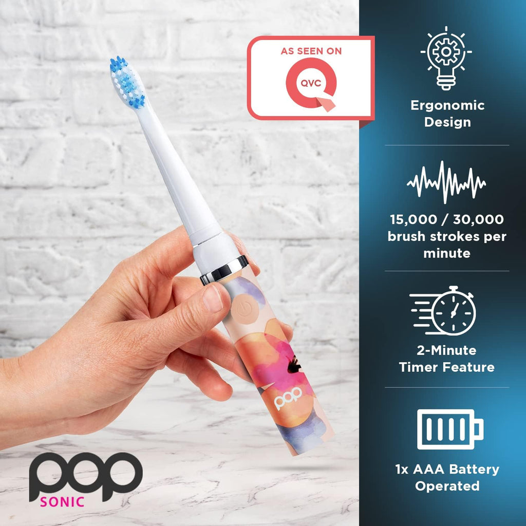 Pop Sonic Electric Toothbrush (Pink Watercolor) - Travel Toothbrushes w/AAA Battery | Kids Electric Toothbrushes with 2 Speed & 15,000-30,000 Strokes/Minute, Dupont Nylon Bristles