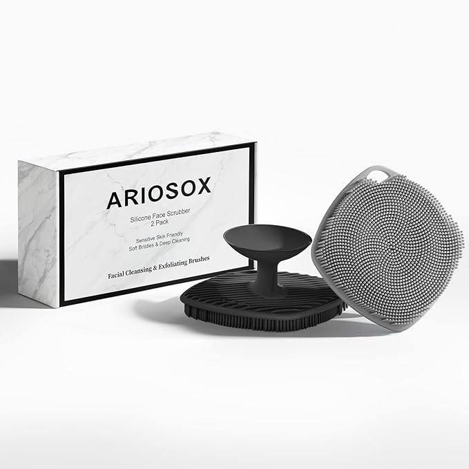 2 Pack Face Scrubbers, Silicone Face Scrubber Soft Bristles, Gentle Lather, Exfoliating & Deep Cleaning for Sensitive Skin, Giant Suction Cup Stick Securely, Easy to Store (Black + Gray)