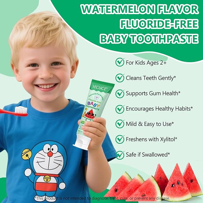 Kids Toothpaste Watermelon Flavor, Swallowable Toothpaste with xylitol and Vitamin E, Fights Plaque, Designed for Children, 2.1OZ